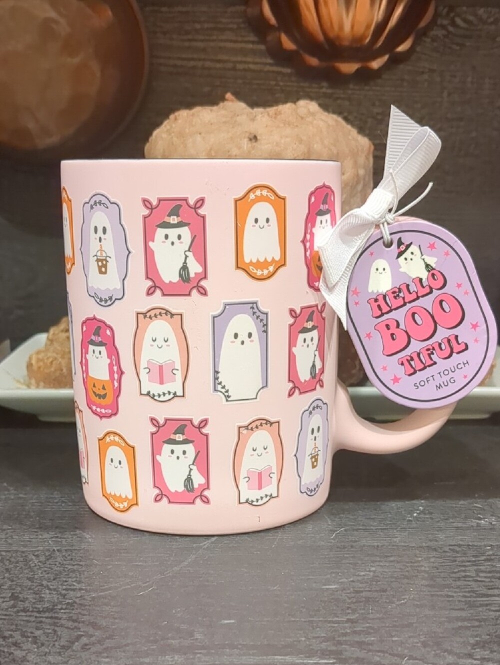 Emily Dumas Pastel Pink Ghost Soft Touch Mug 16oz Hello Bootiful  (As-is)